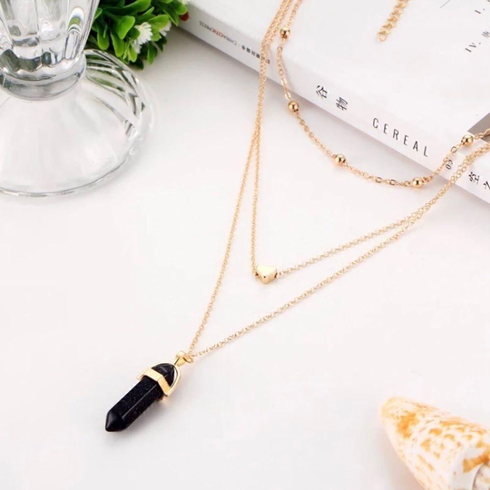 GOLDEN Layered Faux Onyx Stone Necklace - Picture 2 of 10
